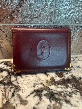Cartier Burgundy Leather Card & Key Holder with Gold Corners